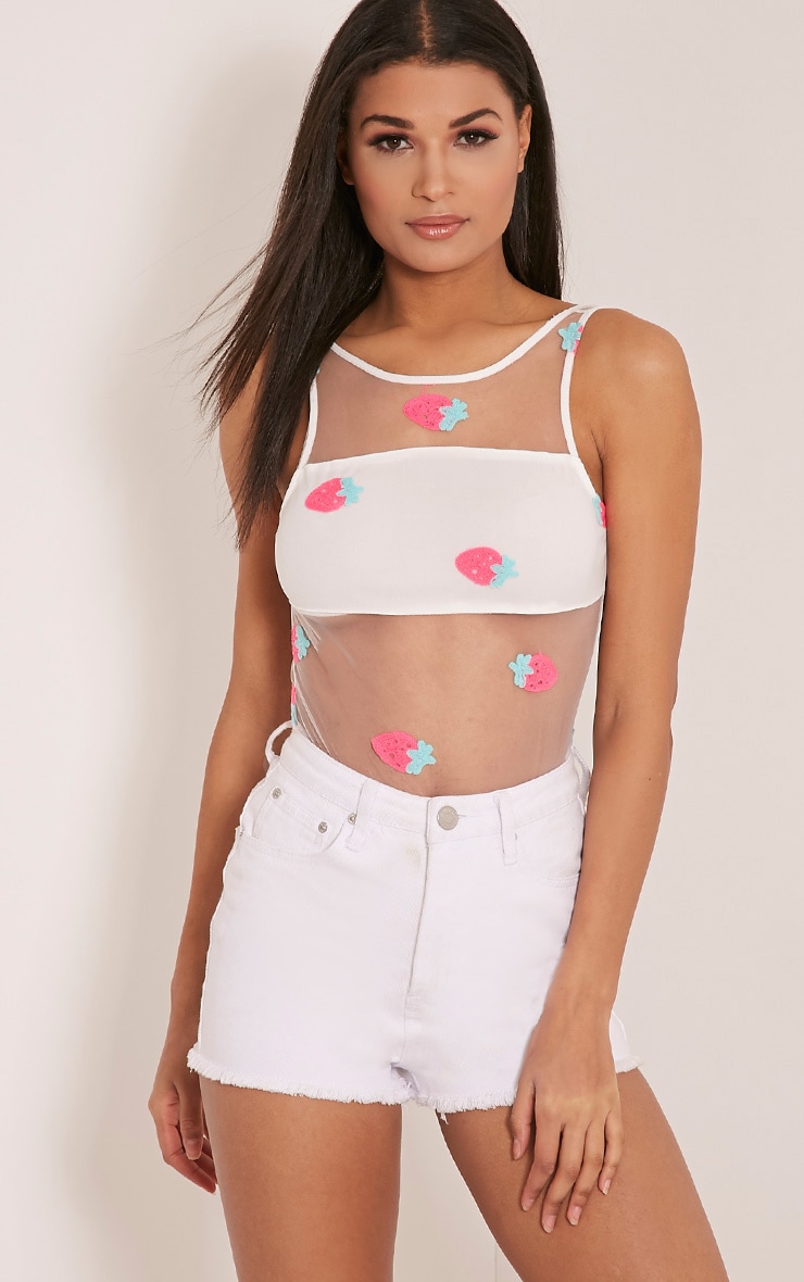 Annie White Strawberry Mesh Bodysuit PrettyLittleThing