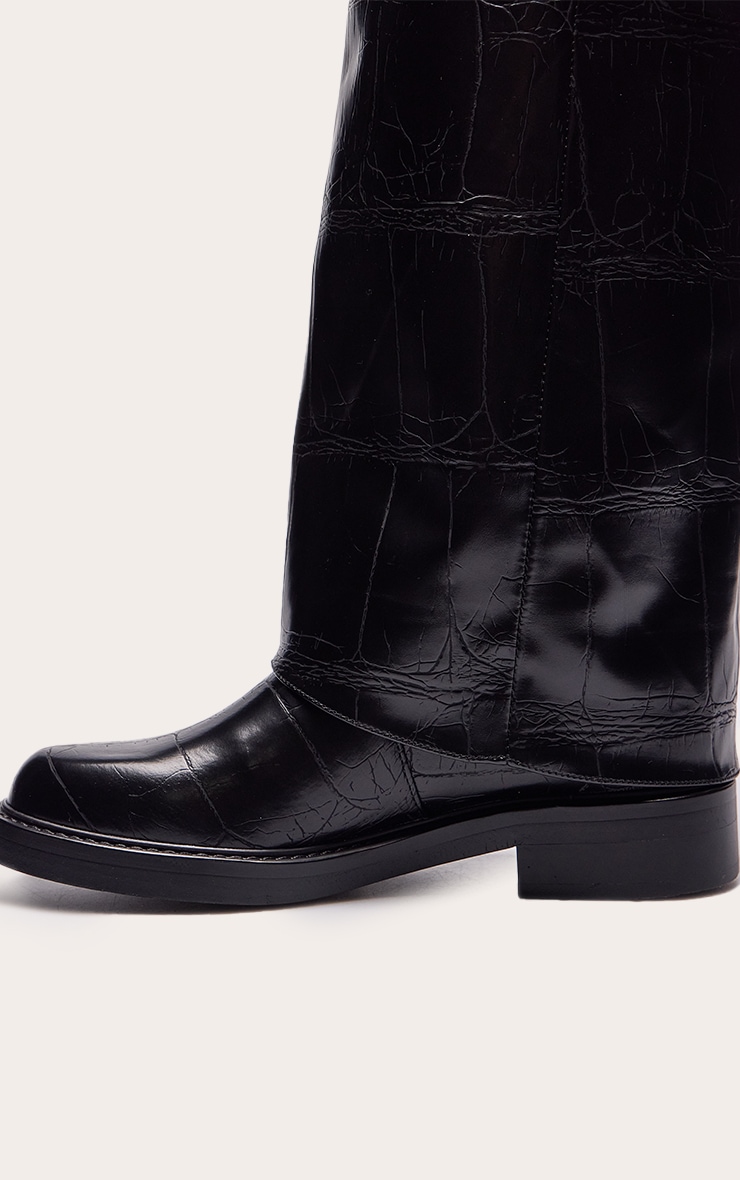 Black Croc Fold Over Knee High Boot image 5