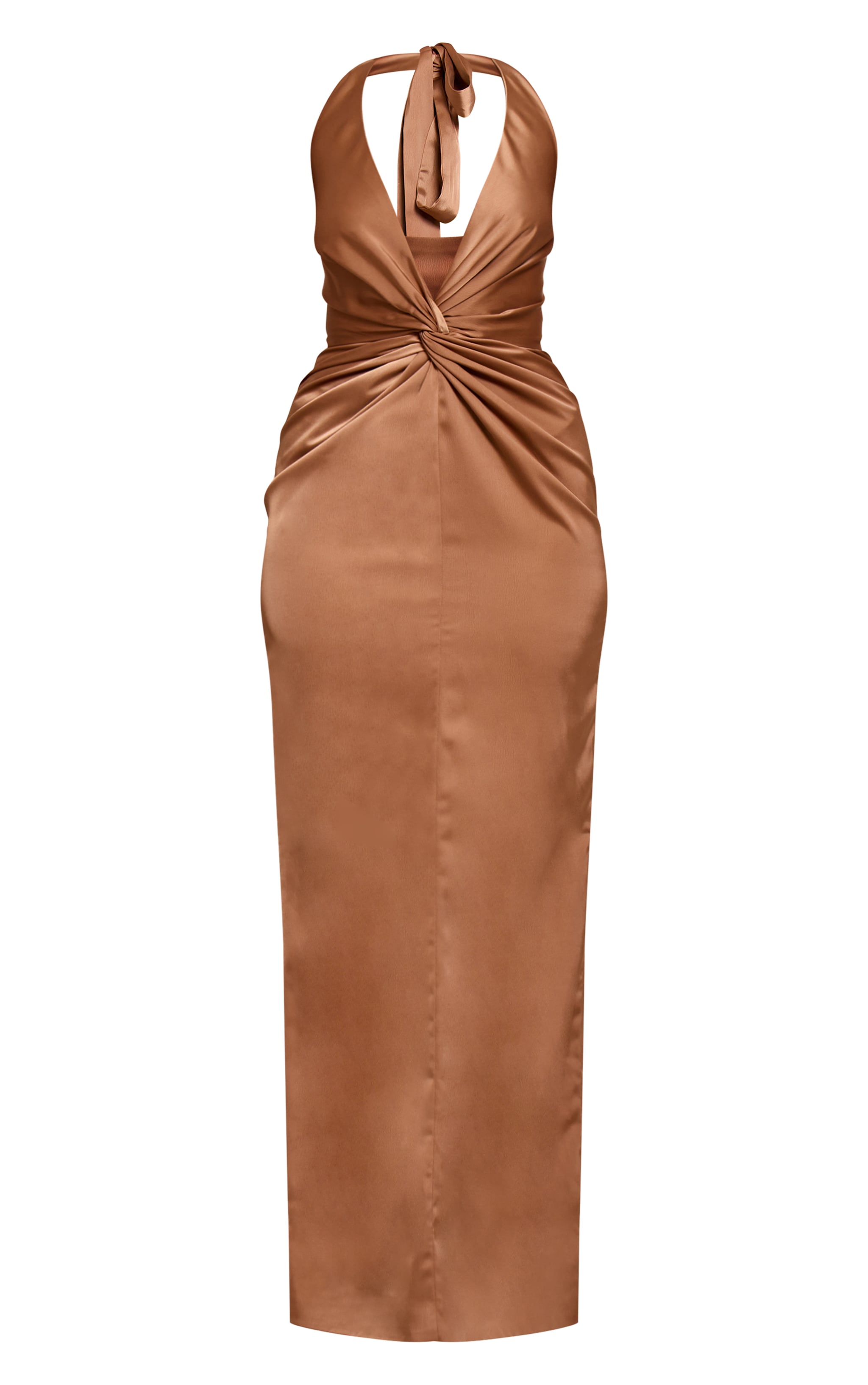 Robe longue satinée taupe à dos nu et décolleté torsadé image 5