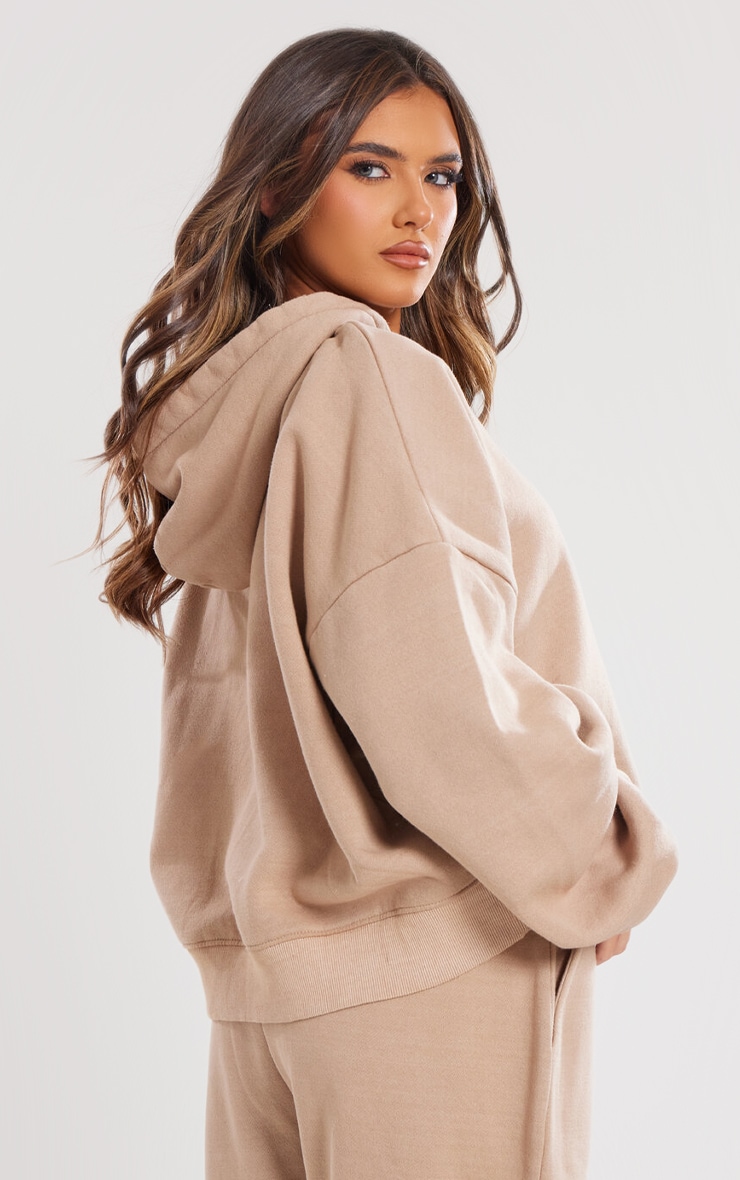 Light Mocha Washed Tonal Zip Up Boxy Hoodie | Athleisure