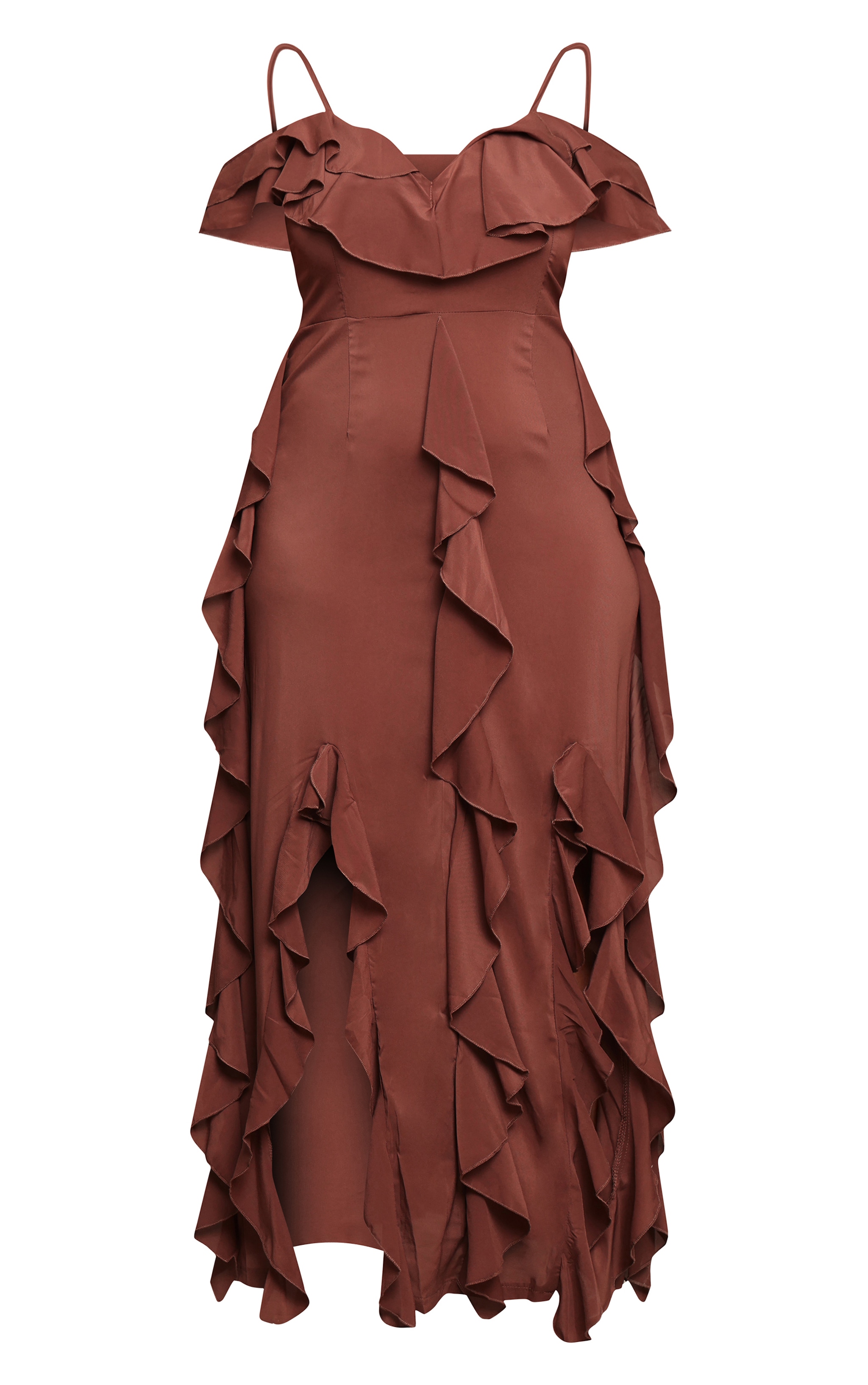 Plus Chocolate Cold Shoulder Ruffle Detail Strappy Maxi Dress image 5