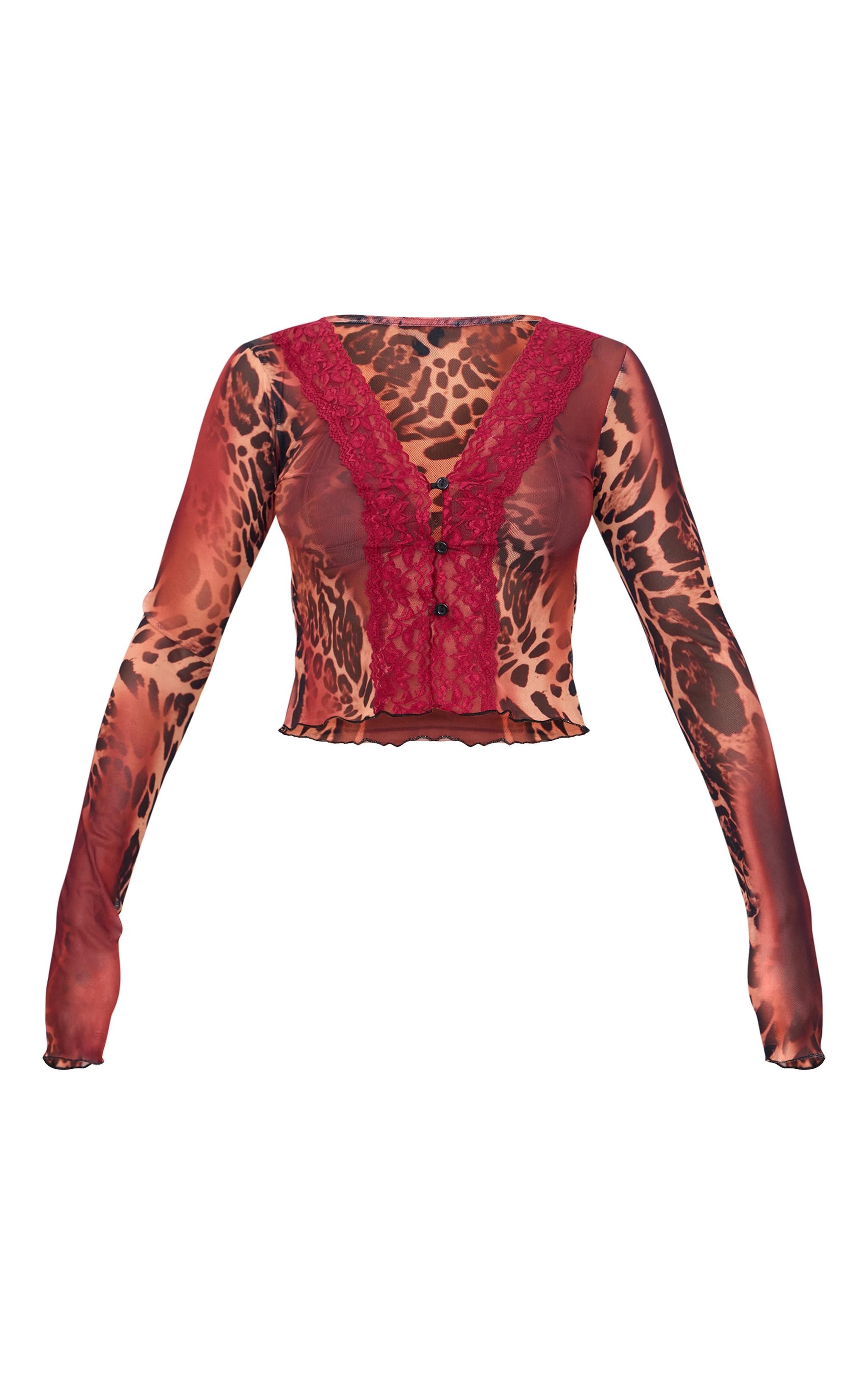 Brown Sheer Leopard Print Lace Button Up Top image 5