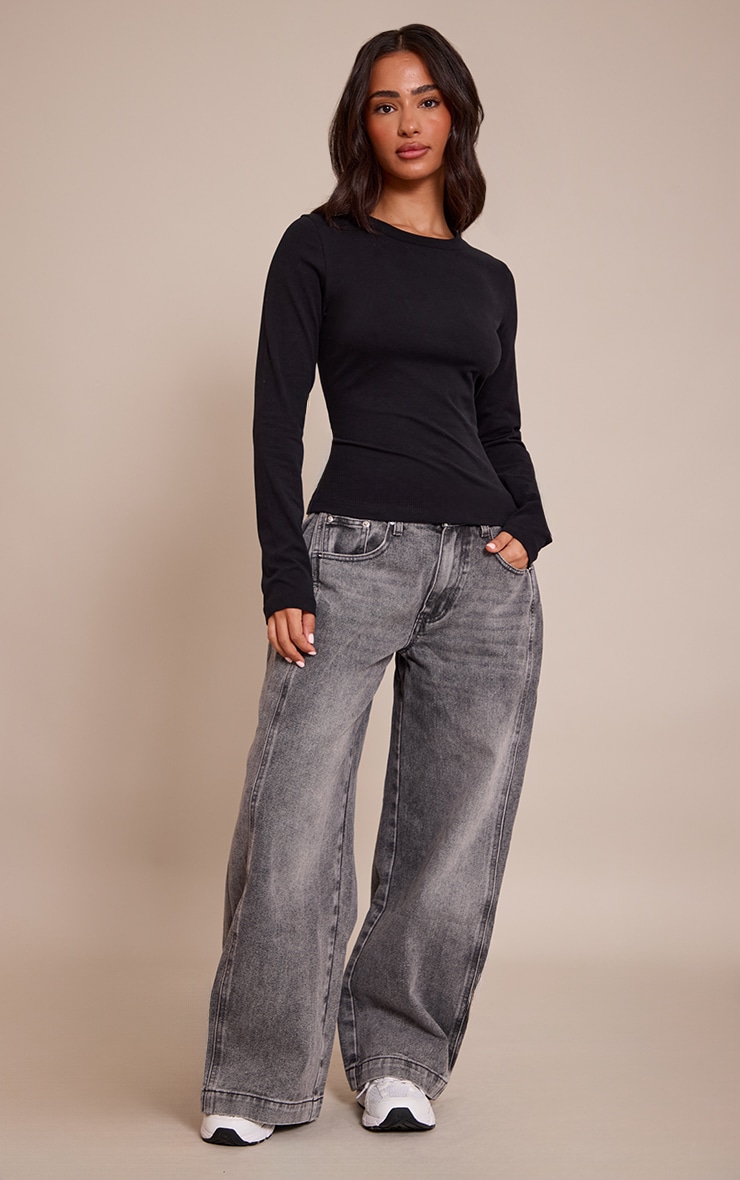 Petite Black Soft Cotton Crew Neck Longline Long Sleeve Top image 3