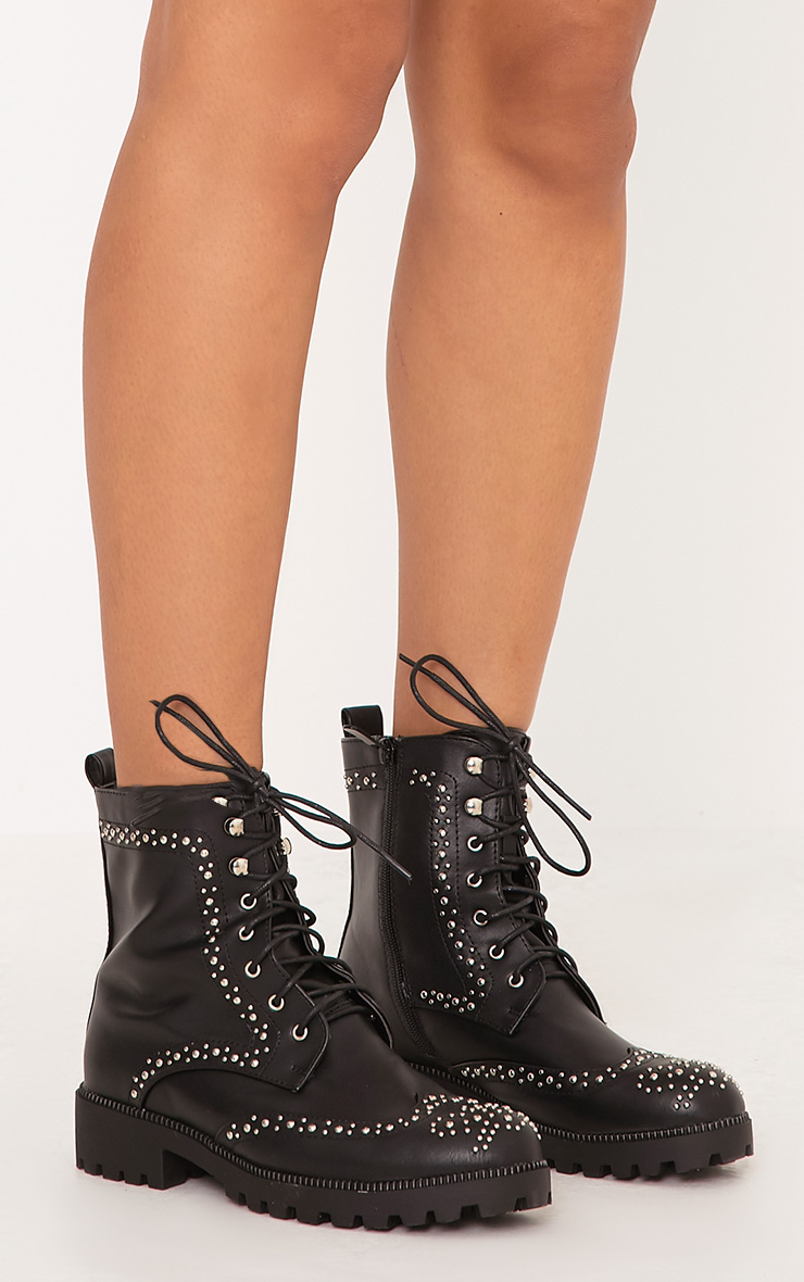 Maura Black Studded Biker Boots Shoes PrettyLittleThing
