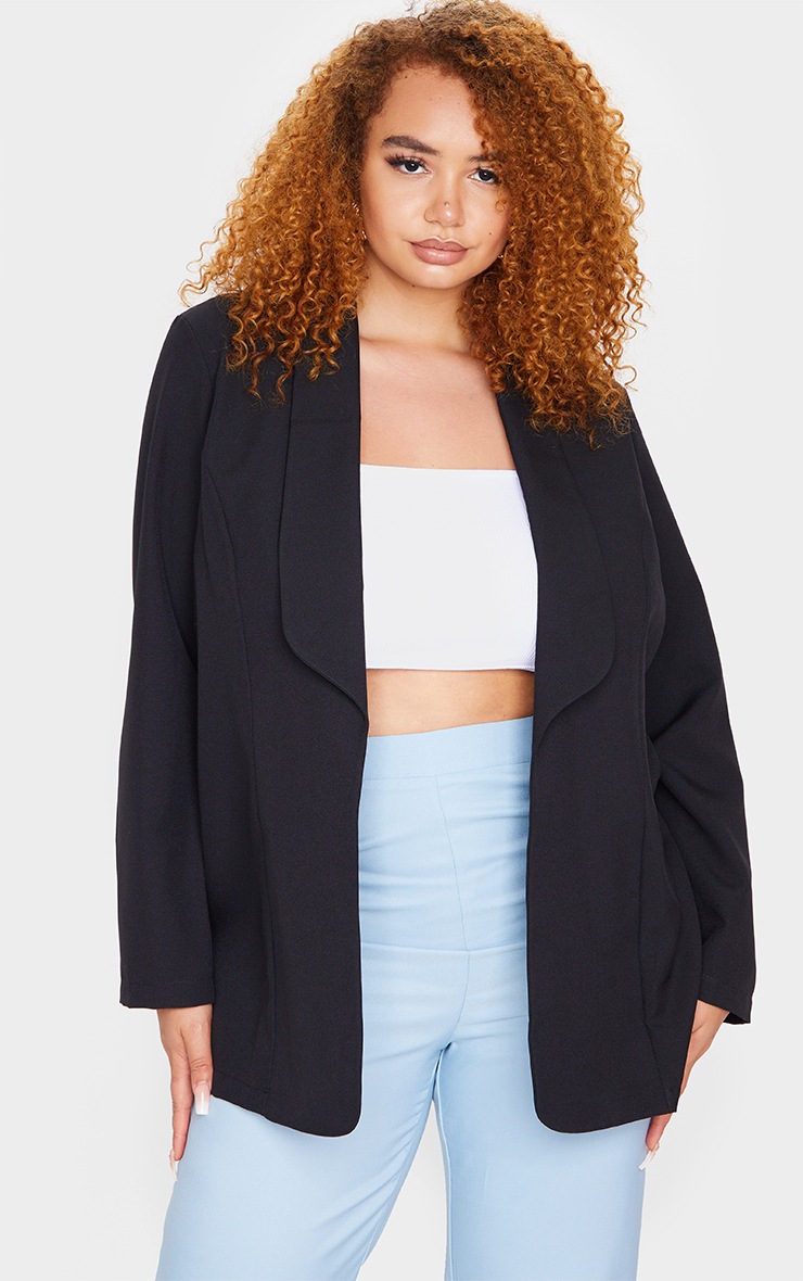 Plus Black Curved Lapel Woven Longline Blazer