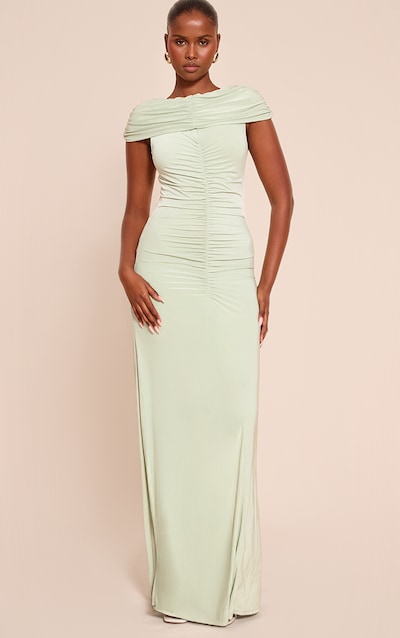 Robe longue moulante sauge froncée à col bardot