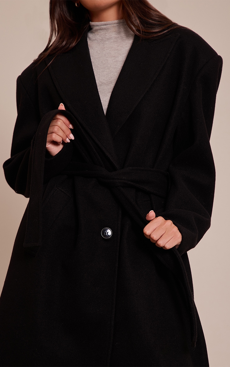 Black Single Breasted Self Tie Wool Look Maxi Coat image 4