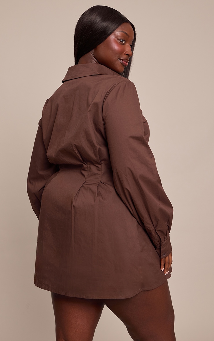 Plus Chocolate Cotton Poplin Cinched Waist Shirt Dress image 2