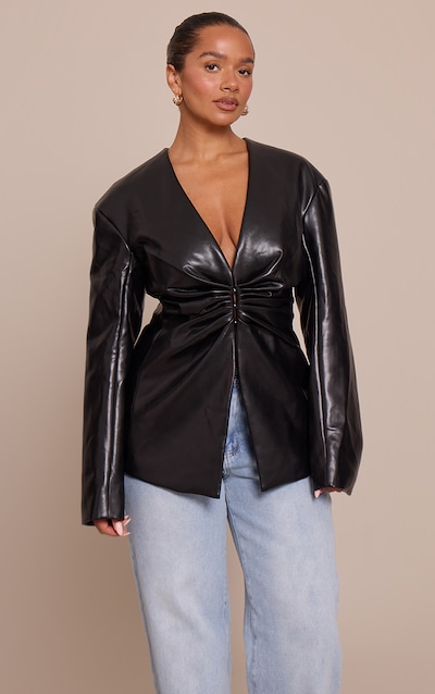 Shape Black Faux Leather Ruched Front Blazer