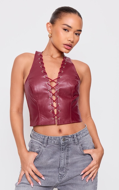 Petite Dark Red Faux Leather Lace Up Halterneck Top