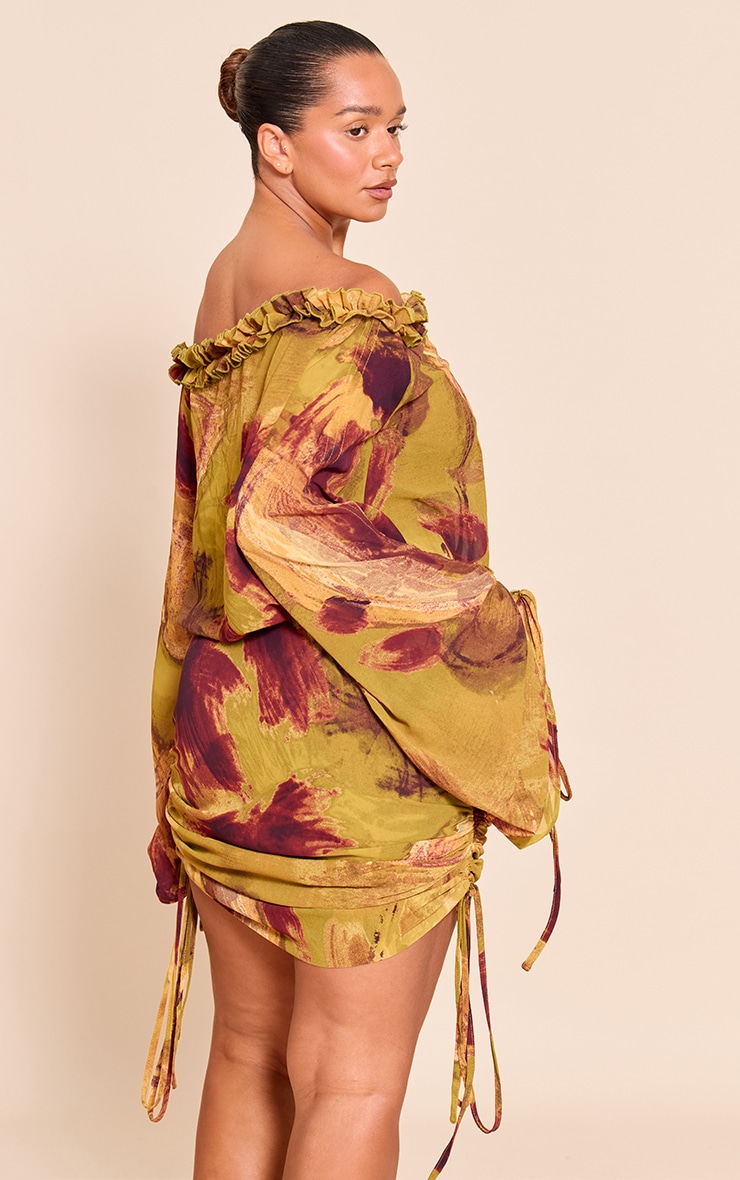 Shape Olive Abstract Print Off Shoulder Frill Ruched Mini Dress image 2