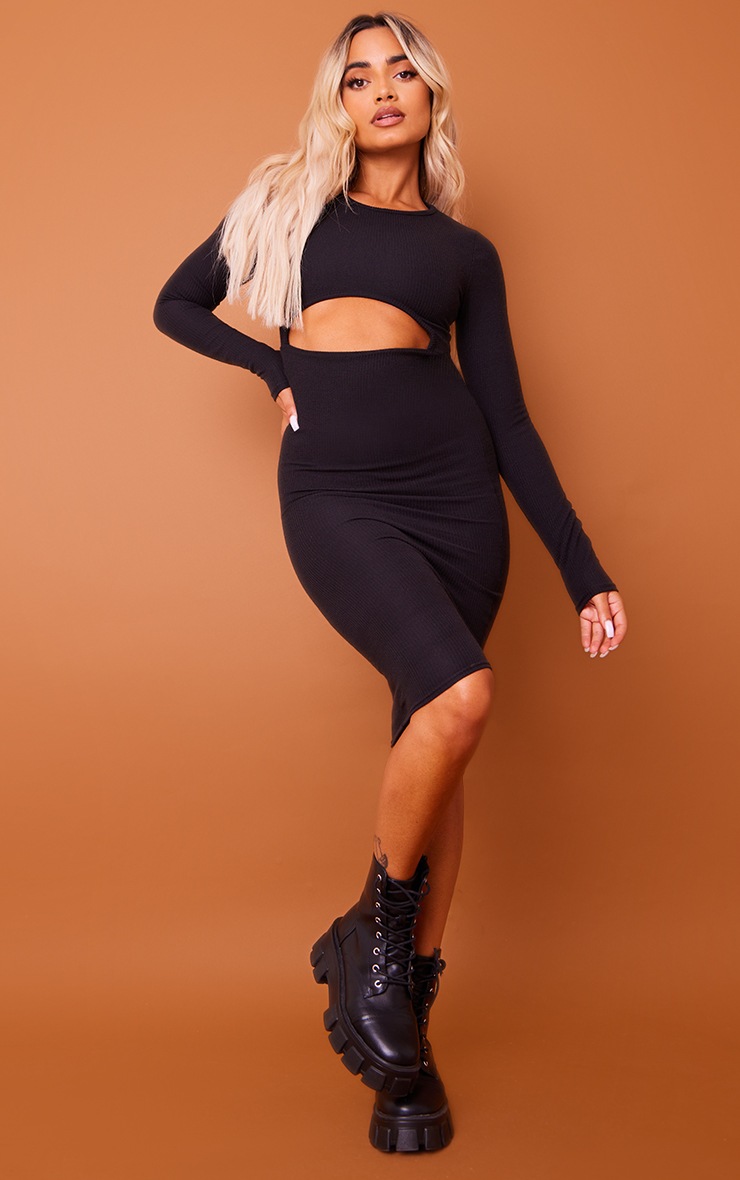 Petite Black Long Sleeve Cut Out Ribbed Dress image 1