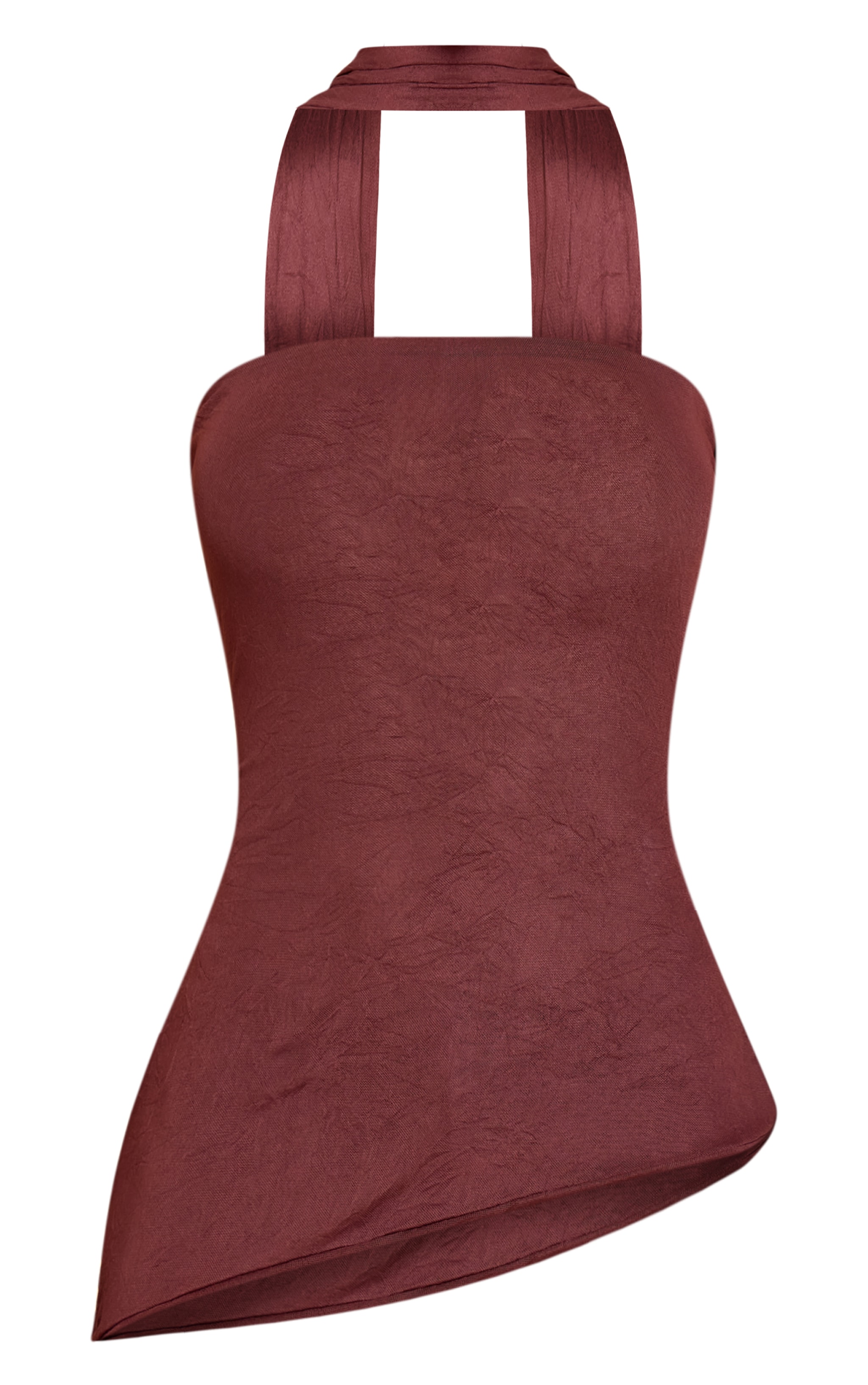 Chocolate Crinkle Mesh Scarf Detail Asymmetric Long Top image 5