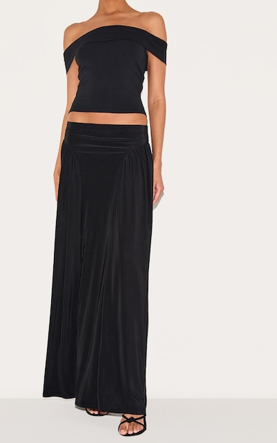 Black Slinky Drop Waist Ruched Panel Maxi Skirt