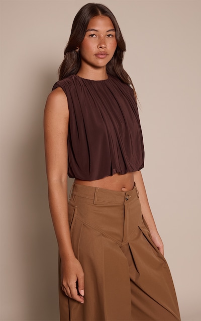 Chocolate Slinky Bubble Hem Shoulder Detail Top