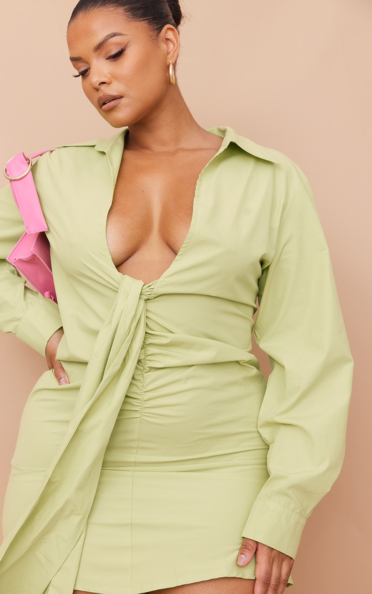 Plus Bright Green Ruched Front Plunge Shirt Dress image 4