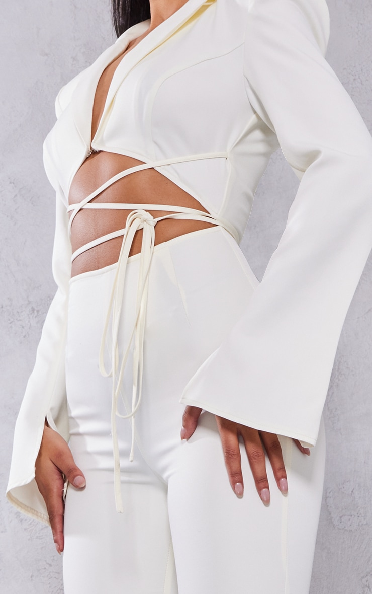 Cream Split Hem Tie Waist Cut Out Blazer Jumpsuit image 4