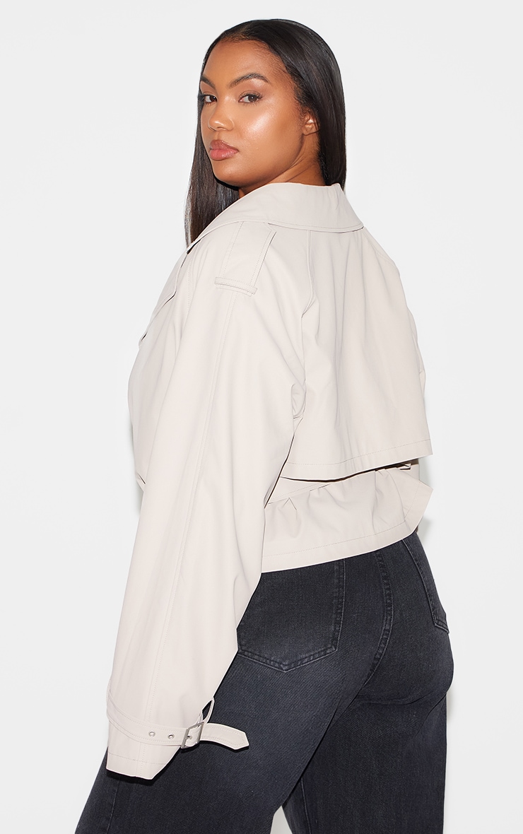 Plus Beige Rubberised Loose Fit Cropped Trench Coat image 2