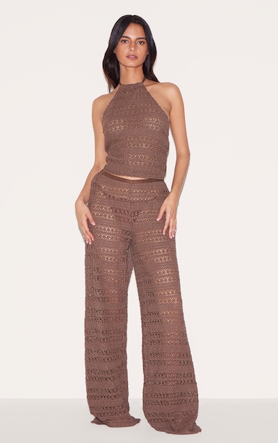 Ensemble de plage en maille style crochet chocolat à pantalon large