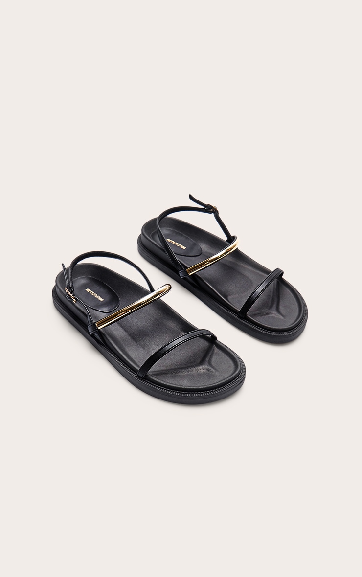 Black Pu Round Toe Gold Strap Footbed Sandals image 3