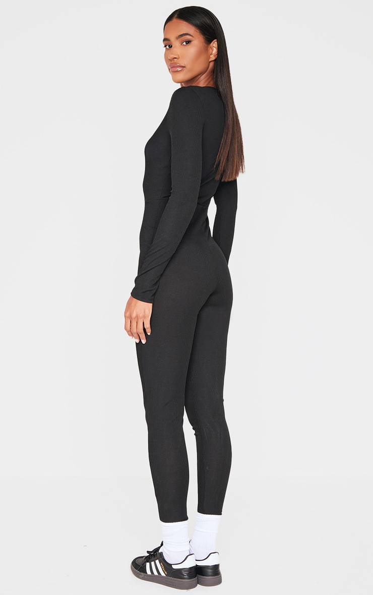 Black Ribbed Long Sleeve Scoop Neck Jumpsuit image 2