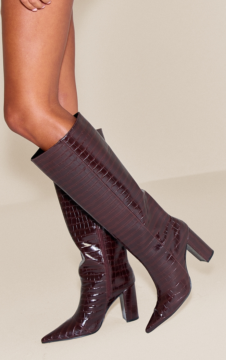 Chocolate Croc Point Toe Block Heel Knee High Boot image 1