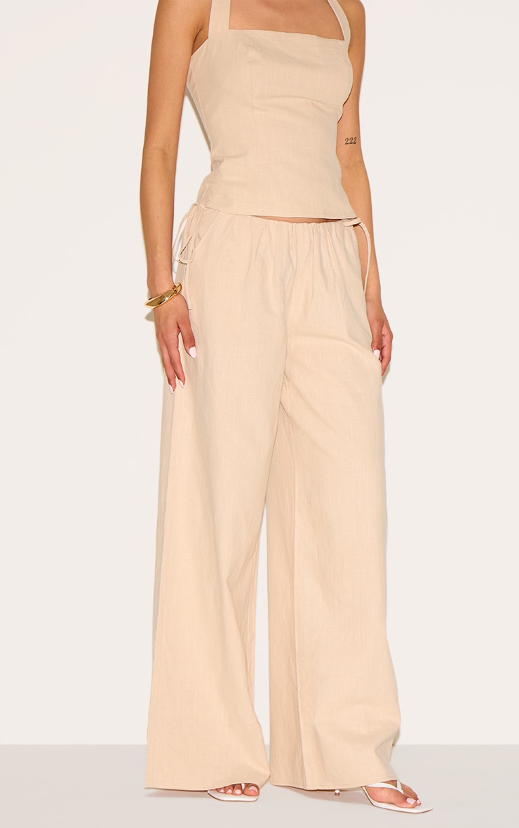 Tall Natural Premium Linen Look Side Tie Detail Wide Leg Pants image 2