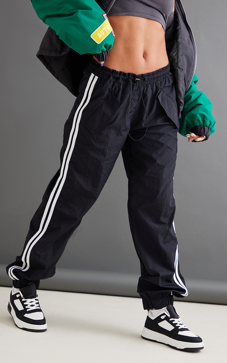 Black Toggle Waist Side Stripe Cuffed Cargos image 2