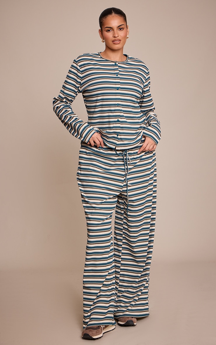 Plus Green  Stripe Soft Rib Fitted Button Up Top image 3