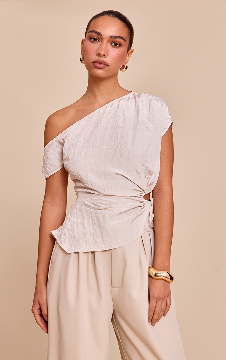 Beige Crinkle Matte Satin Cut Out Long Top image 1
