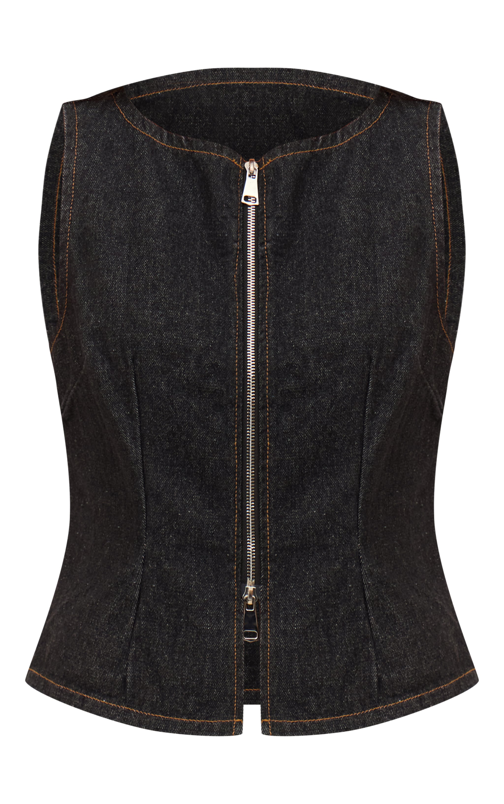 Top en jean indigo foncé délavé sans manches à zip image 5