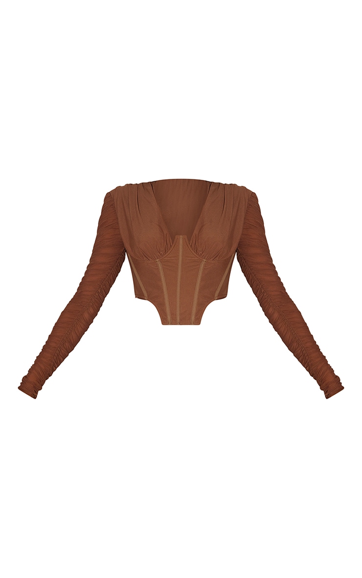 Brown Gathered Mesh Long Sleeve Plunge Corset image 5