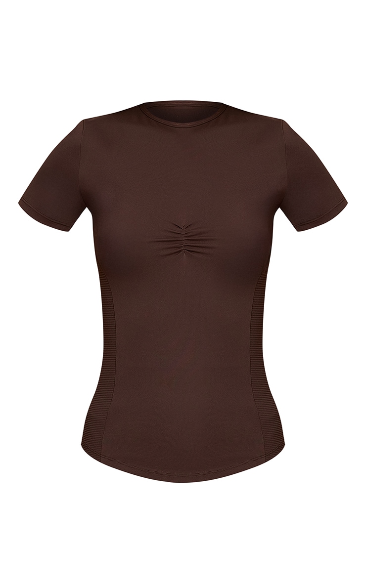 Tall Chocolate Sculpt Rib Panel Ruched Front Gym Top image 5