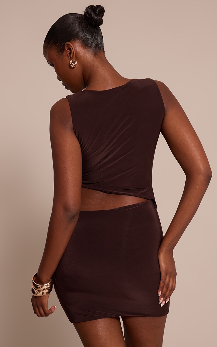 Chocolate Slinky Trim Detail Cut Out Mini Dress image 2