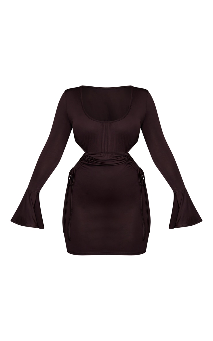 Chocolate Slinky Side Cut Out Flared Sleeve Bodycon Dress image 5