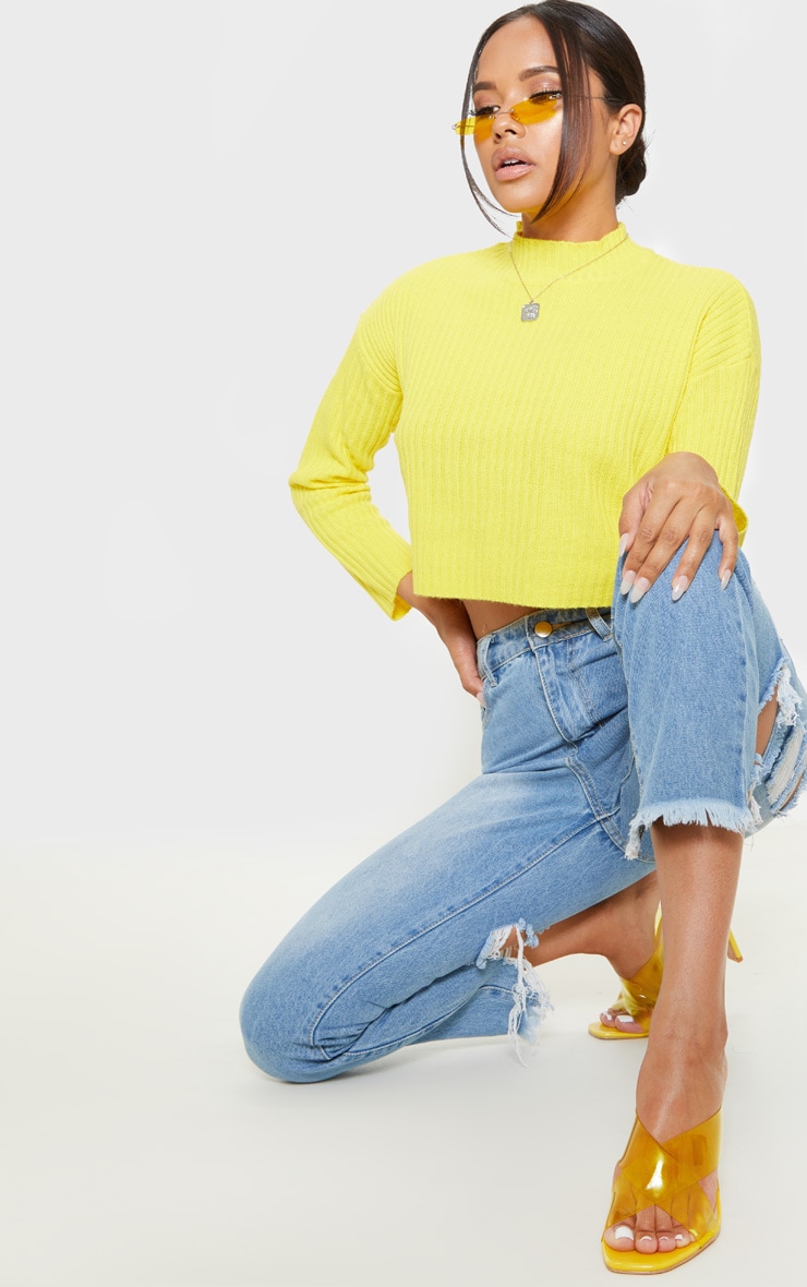Yellow Cropped Ribbed Knitted Jumper