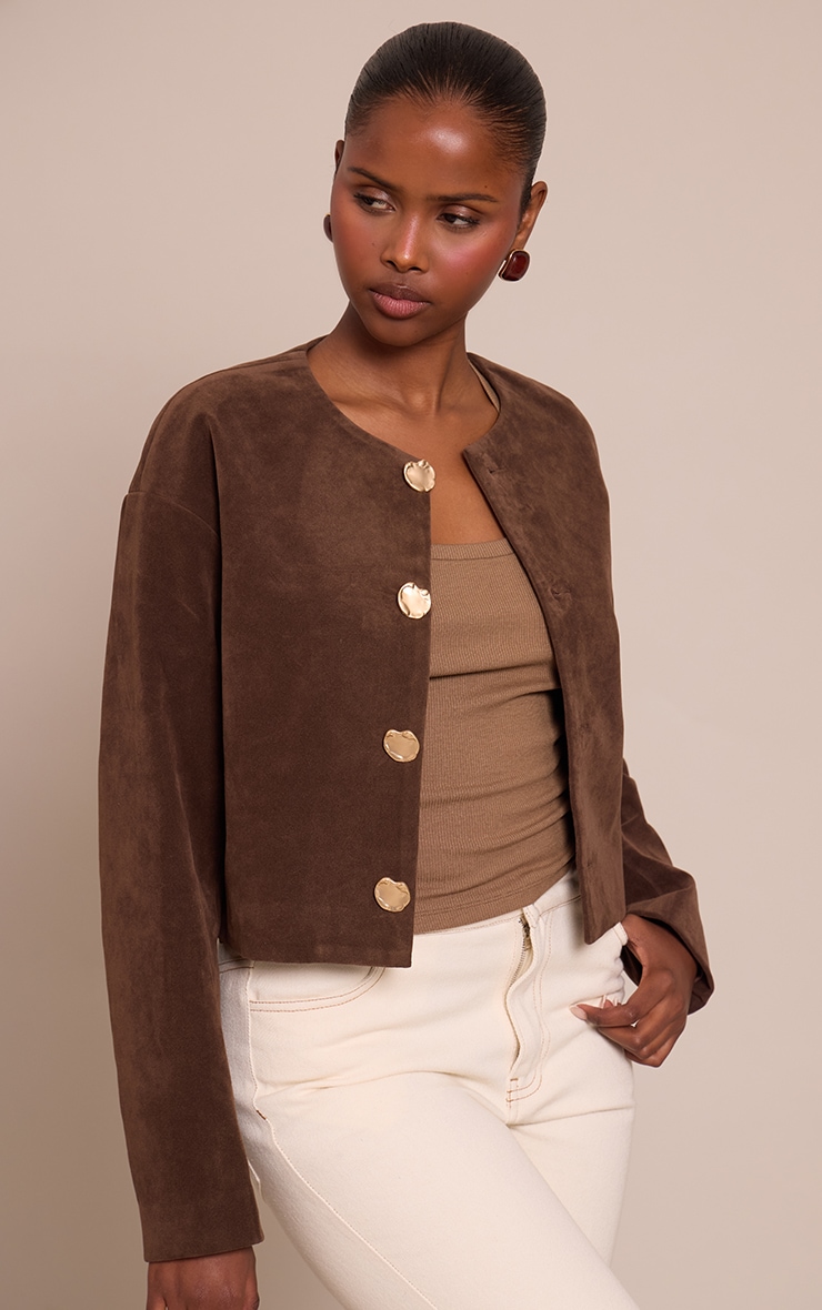 Chocolate Round Neck Gold Button Suede Jacket image 4