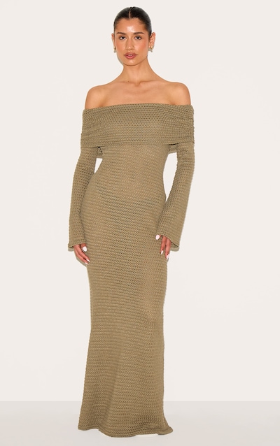 Tall Robe longue texturée kaki à col bardot et manches longues