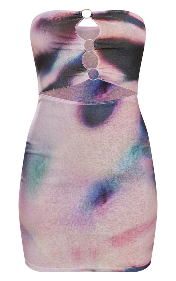  Pink Abstract Print Bandeau Ring Detail Burn Out Mesh Bodycon Dress image 5