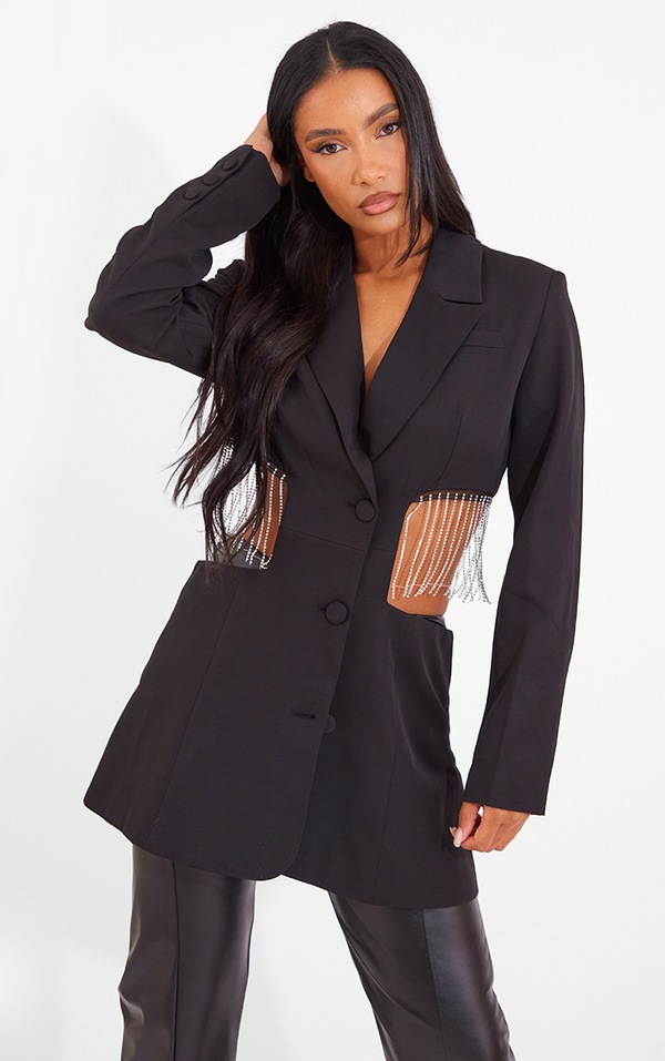 Black Cut Out Diamanté Tassel Blazer PrettyLittleThing