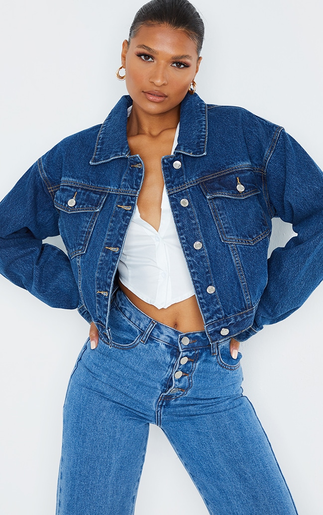 PRETTYLITTLETHING Dark Wash Girlfriend Oversized Denim Jacket