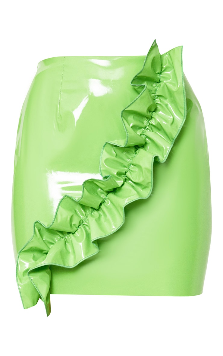 Lime Green Oversized Ruffle Vinyl Mini Skirt. Skirts