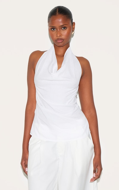 White Linen Blend Cowl Neck Backless Long Top