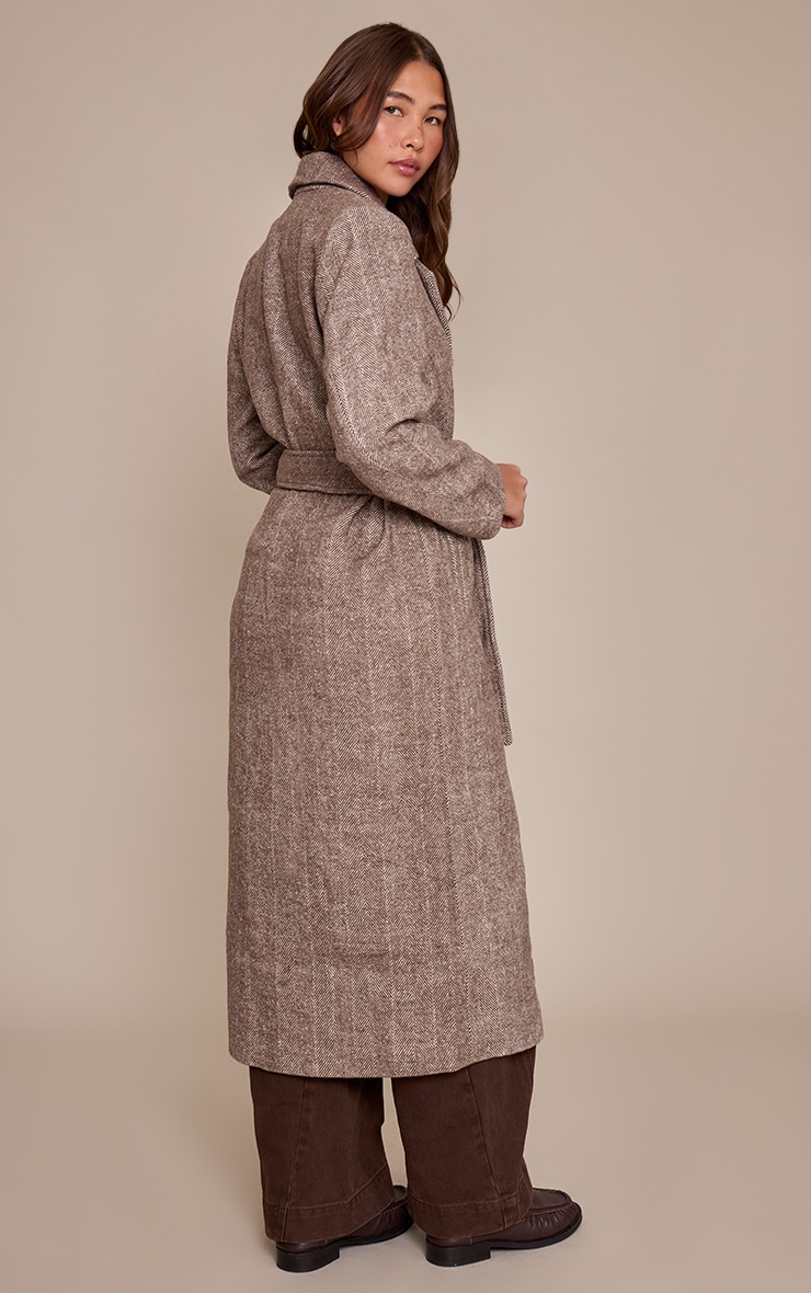 Brown Herringbone Tie Waist Maxi Coat image 2