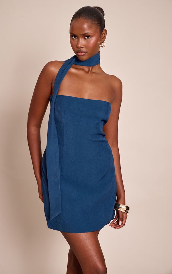 Blue Woven Scarf Detail Bandeau Shift Dress