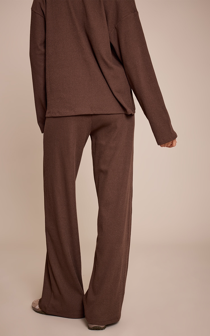 Dark Brown Heavy Rib Elasticated Waist Straight Leg Pants image 3