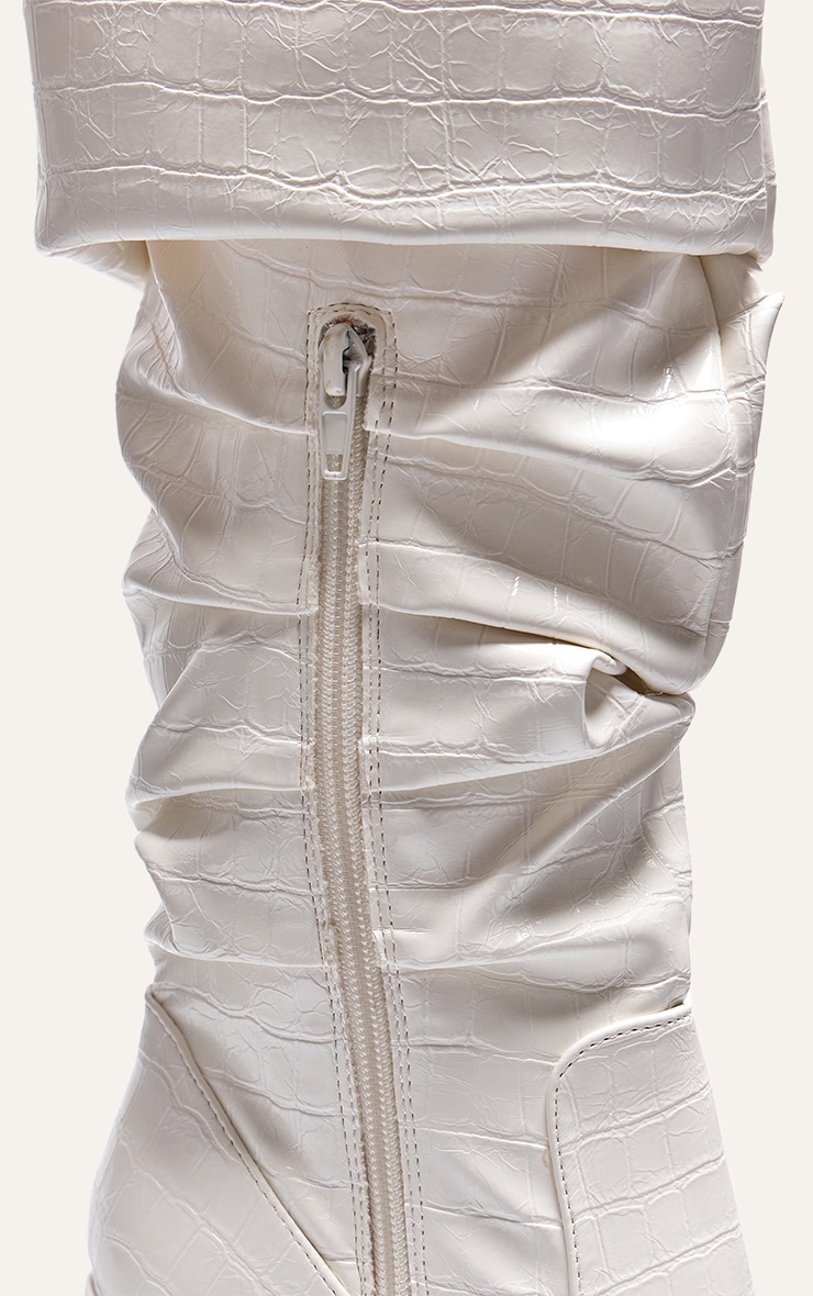 White Pu Croc Round Toe Ruched Knee High Block Heeled Boots image 4