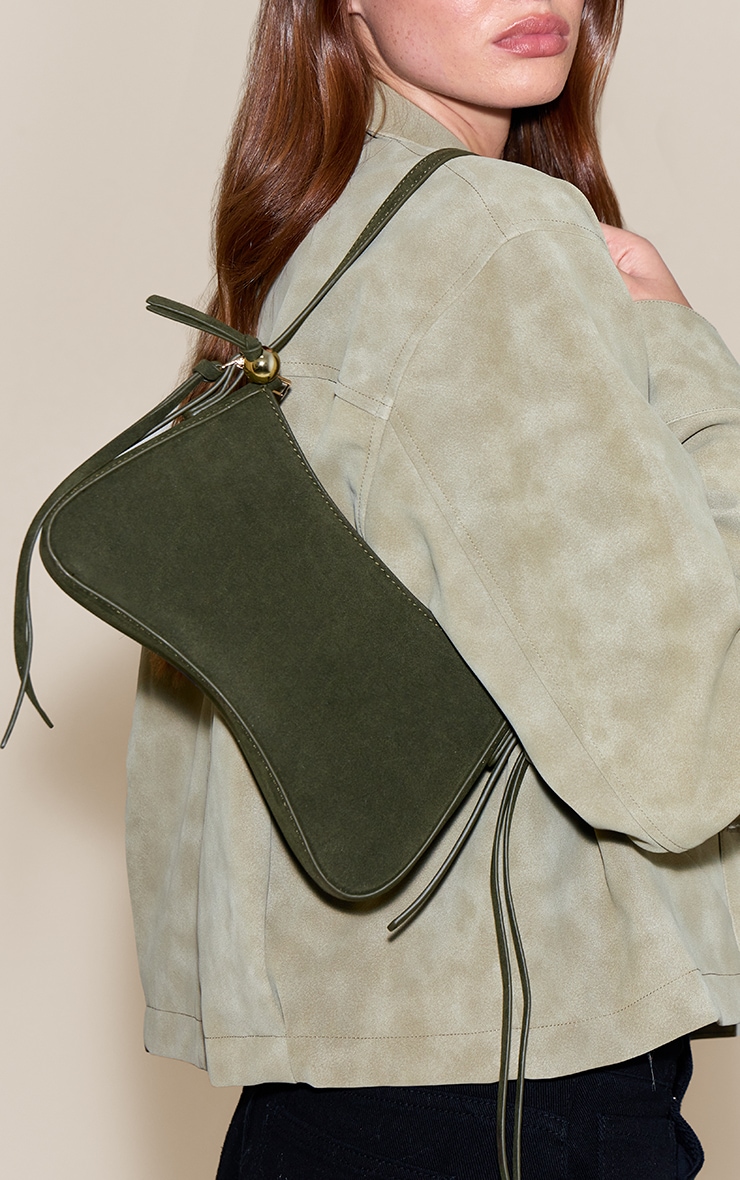 Olive Faux Suede Curved Beaded Shoulder Bag