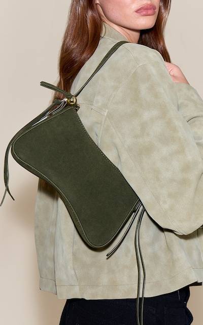 Olive Faux Suede Curved Beaded Shoulder Bag
