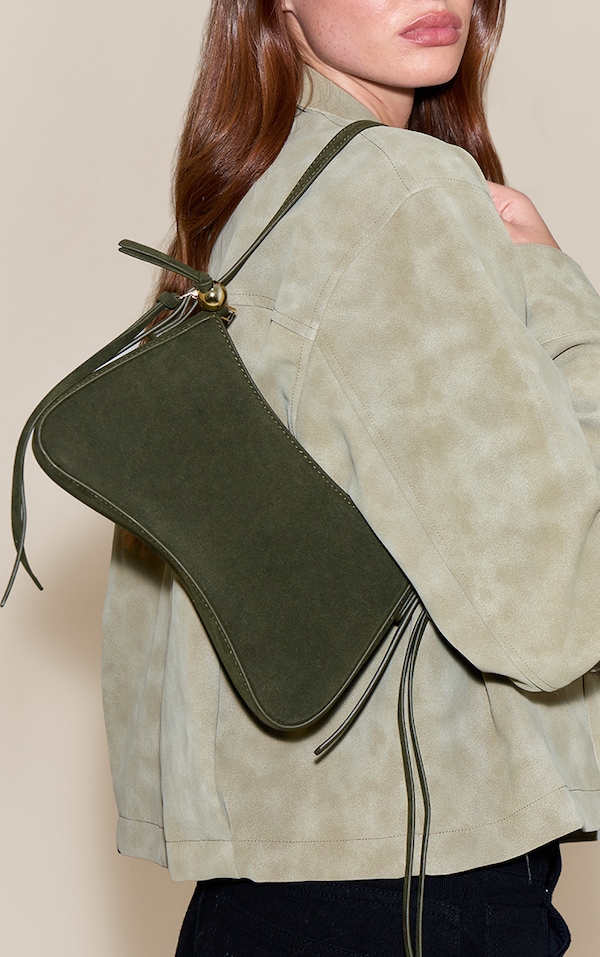 Olive Faux Suede Curved Beaded Shoulder Bag